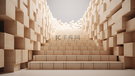 走向成功 木制立方体的 3D 渲染以极简主义的楼梯形式排列，并为您的文字横幅留有空间