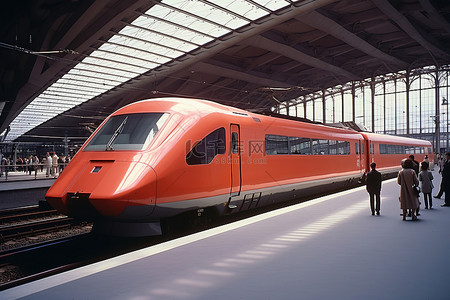 变频化火车背景图片_一列红色和橙色的火车停在车站，人们在露天等候