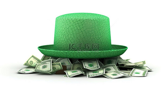 环保文化墙背景图片_圣帕特里克节孤立绿帽与金钱的 3D 插图