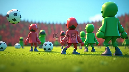 足球背景图片_简约风格的足球运动员踢球 3D 渲染有趣的小男人参与足球比赛