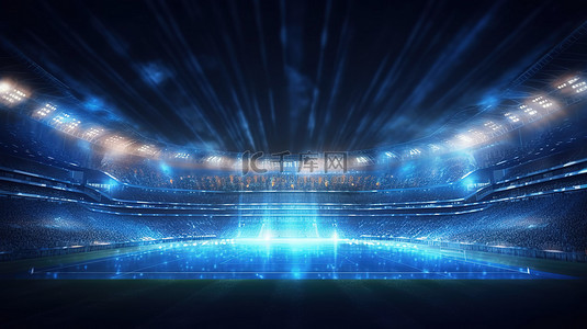 足球场 3D 渲染的夜间景观，前方照明，背景模糊