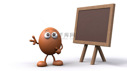 白色菜单背景图片_角色吉祥物棕色鸡蛋的 3D 渲染，该鸡蛋持有空白木制菜单黑板，在白色背景上显示在户外