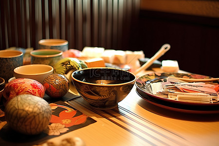 桌子背景图片_一张桌子，上面有一些碗和装饰品