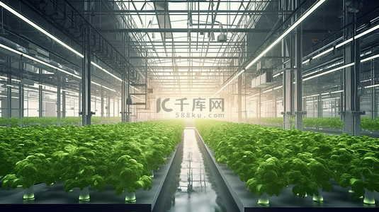 室内背景图片_宽敞的室内温室，用于工业规模水培植物种植，种植茂盛的沙拉作物和抛光混凝土地板 3D 渲染