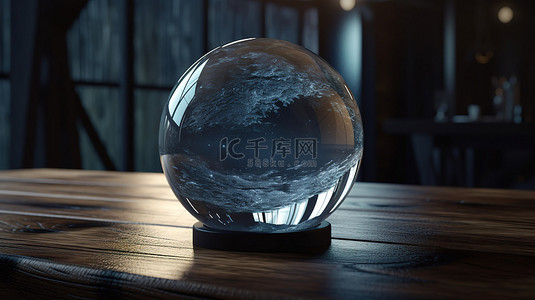 3d 渲染中带有月亮水晶球的木桌