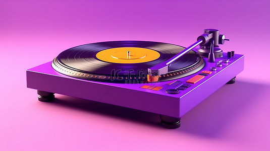 紫色背景下专业 dj 转盘黑胶唱片机的 3D 渲染