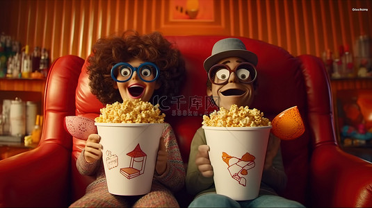 戴着 3D 眼镜的夫妇与沙发上的爆米花桶分享电影魔法