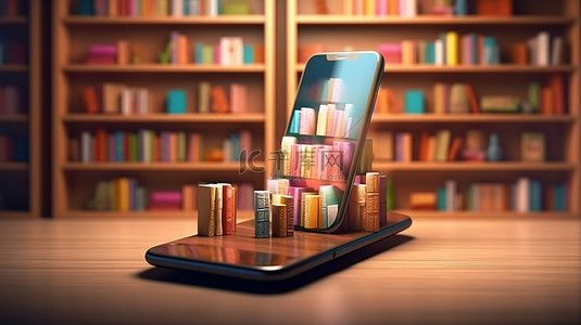 书店书架的 3D 插图，配有智能手机，非常适合在线购物横幅和网站页面