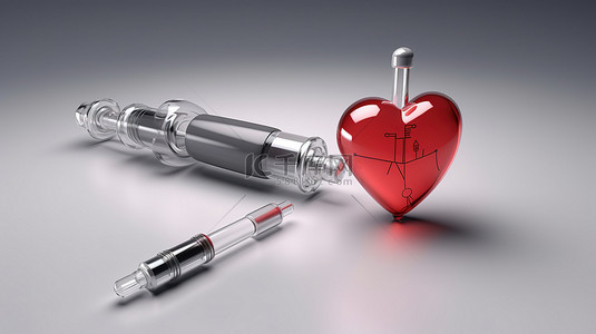 孤立的医疗注射器和心脏的 3D 渲染