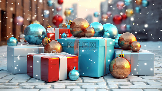 圣诞饰品礼品盒气球和新年装饰品的节日 3D 插图