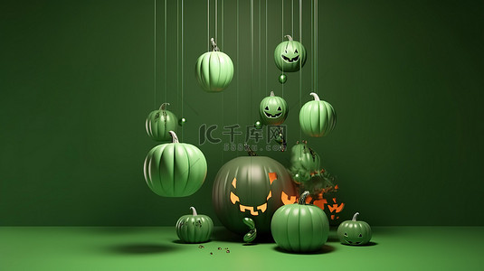 10 月 31 日绿色背景上的怪异 3D 万圣节场景南瓜讲台和悬挂装饰球