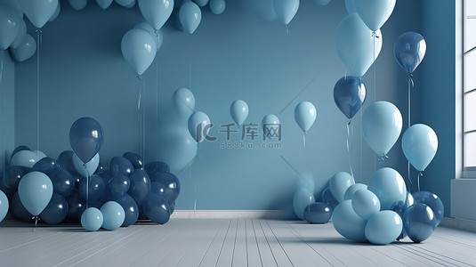 球球海报背景图片_用于庆祝或商业用途的蓝色主题气球背景 3d 渲染婚礼生日情人节派对