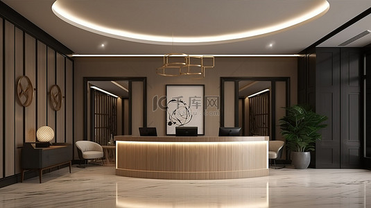 酒店背景图片_令人惊叹的 3D 渲染中的现代豪华酒店接待处和休息室办公室