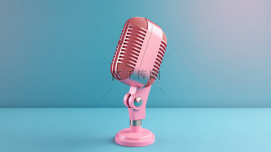蓝色背景上粉色播客麦克风的 3D 渲染体现了娱乐和在线视频会议概念