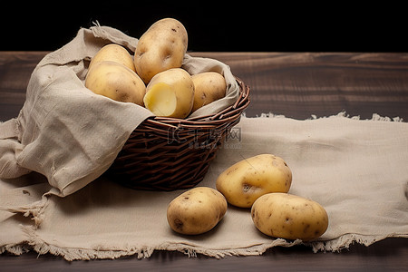 一篮子土豆放在一块布上