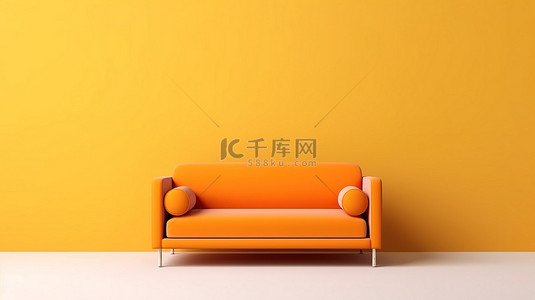 简约的橙色沙发设计，以 3D 渲染创建的白色和黄色背景为背景