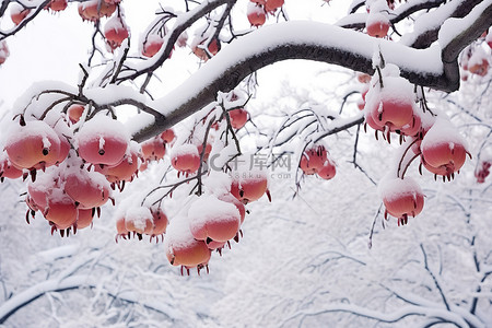 积雪覆盖的树木与粉红色的石榴