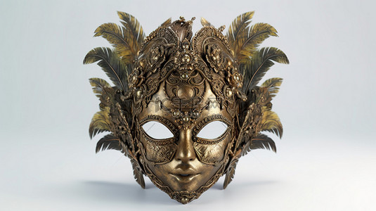 青铜古董嘉年华面具，带羽毛，白色令人惊叹的 3D 渲染