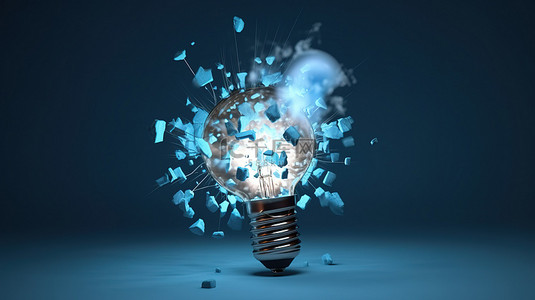 创新解决方案蓝色背景上灯泡爆炸的 3D 插图，具有创造性思维概念
