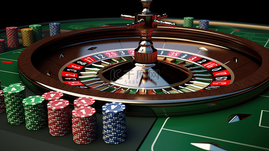 绿色背景 3D 渲染赌场轮盘赌与扑克筹码骰子和扑克牌
