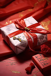 礼物放在红色卷轴上，上面有礼品包装和书面文字