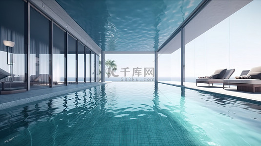 豪华海滨酒店通过 3D 渲染可视化休息室和游泳池