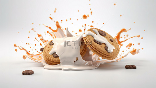 用于饼干包装设计的牛奶飞溅和三明治饼干的 3D 插图
