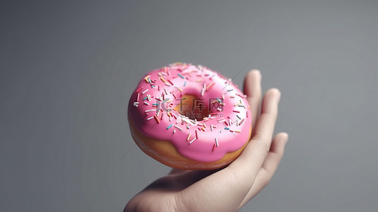 蛋糕店背景图片_卡通风格 3D 插图白色背景，手持粉红色甜甜圈
