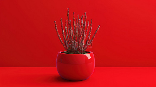 室内植物盆栽背景图片_单色背景上室内植物仙人掌的红色 3d 图标