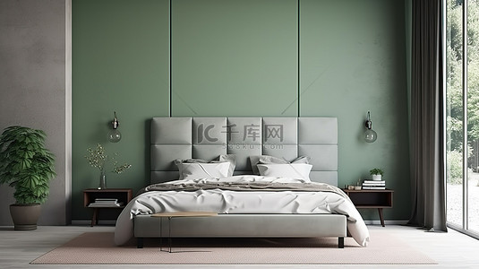 斯堪的纳维亚风格的卧室模型，采用简约的室内设计，灰色床靠在绿色墙壁上，以 3D 效果图呈现