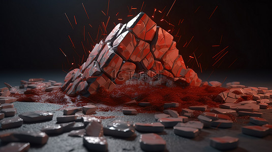 破碎的停车标志 带有石头碎片和地板反射的破碎警告标志的 3D 插图