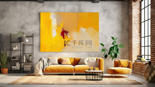 黄色调海报背景图片_复古时髦阁楼内部的 3D 渲染，以黄棕色和红色色调作为模拟海报背景