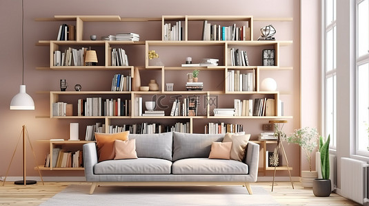 舒适背景图片_舒适客厅中的当代斯堪的纳维亚书架和储藏室以 3D 渲染