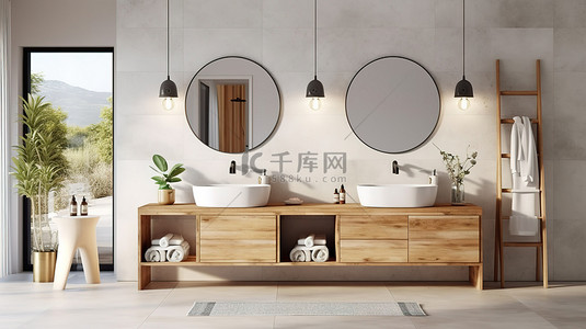 家居背景图片_斯堪的纳维亚风格的 3D 渲染浴室梳妆台，配有两个洗脸盆和镜子