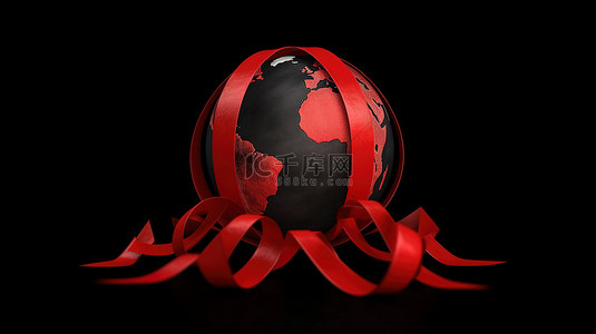 世界地球背景图片_世界艾滋病日用红丝带包裹地球的 3d 渲染