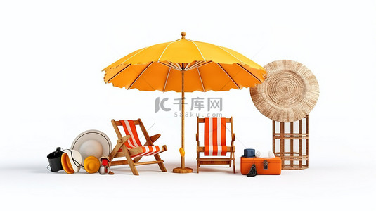 海背景图片_白色背景 3D 渲染，配有木板，配有海滩装备和行李