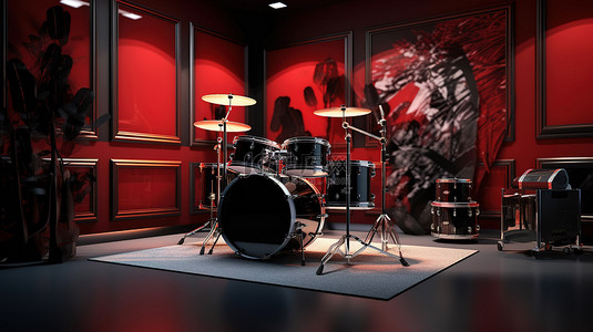 工作室鼓套件的 3D 概念，从左侧查看