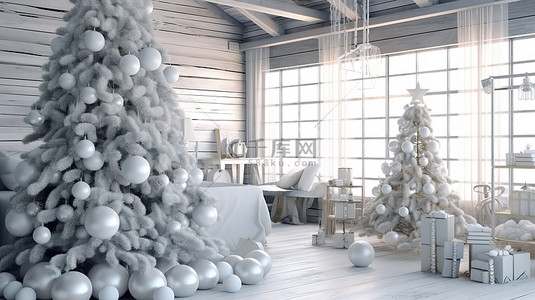 现代斯堪的纳维亚农舍中的节日装饰品 3D 渲染的圣诞树装饰着玩具