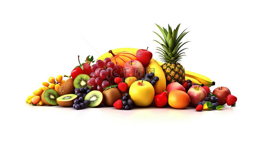 混合水果背景图片_白色背景下生动的水果 3D 建模杰作
