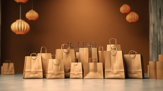 广告合同背景图片_粉红色背景纸袋网上购物概念的 3D 插图