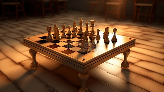 带有飞行棋盘的棋桌的 3D 渲染