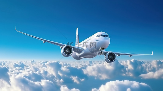 航空旅行概念飞机的全景模型在蓝天上翱翔，蓬松的云彩 3D 渲染
