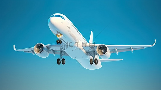 蓝色背景下 3D 渲染中高细节白色飞机的航空公司概念起飞
