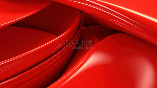 红色塑料管纹理上带有红色曲线扭曲形状和平行线的抽象 3D 插图