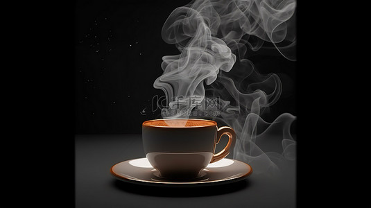 深色背景下咖啡店黑色浓缩咖啡杯的烟雾填充 3D 渲染