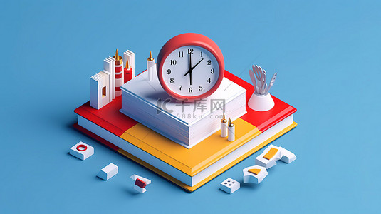 回到学校等距教育概念与现代平面设计中蓝色背景的 3D 打开书和时钟