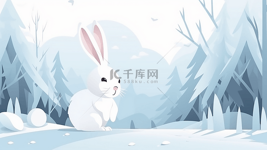 冬季森林雪地可爱兔子插图背景