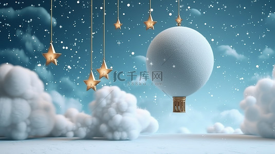 喜庆的圣诞装饰背景，以发光球闪闪发光的星星冬日云彩和 3D 雪花为特色