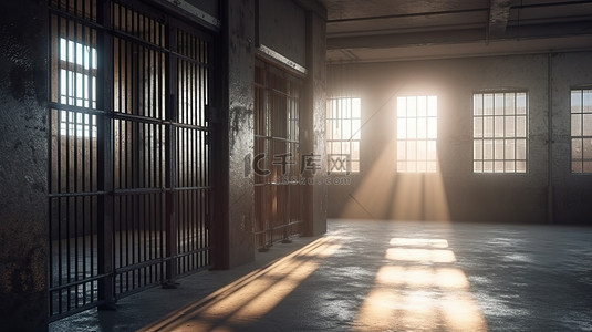 牢房内，从铁栅栏窗户发出的照明 3D 渲染的监禁描述