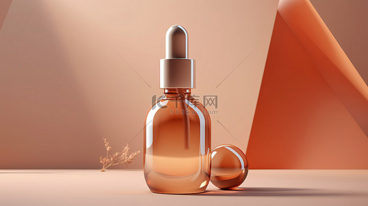 棕色化妆品背景图片_最小柔和的抽象背景，具有棕色玻璃化妆品滴管瓶和血清的 3D 渲染